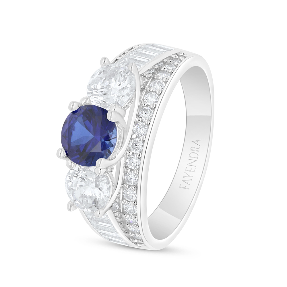 Sterling Silver 925 Ring Rhodium Plated Embedded With Sapphire Corundum And White Zircon