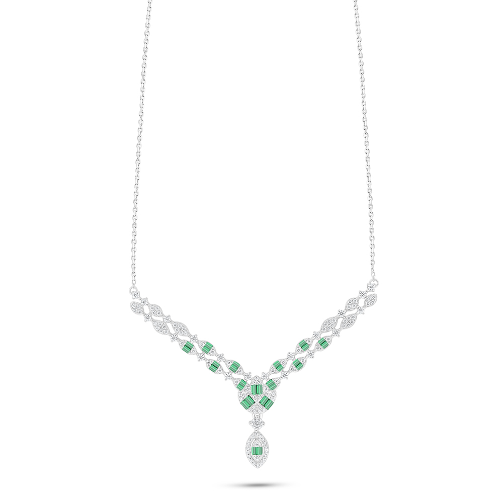 Sterling Silver 925 Necklace Rhodium Plated Embedded With Emerald Zircon And White Zircon