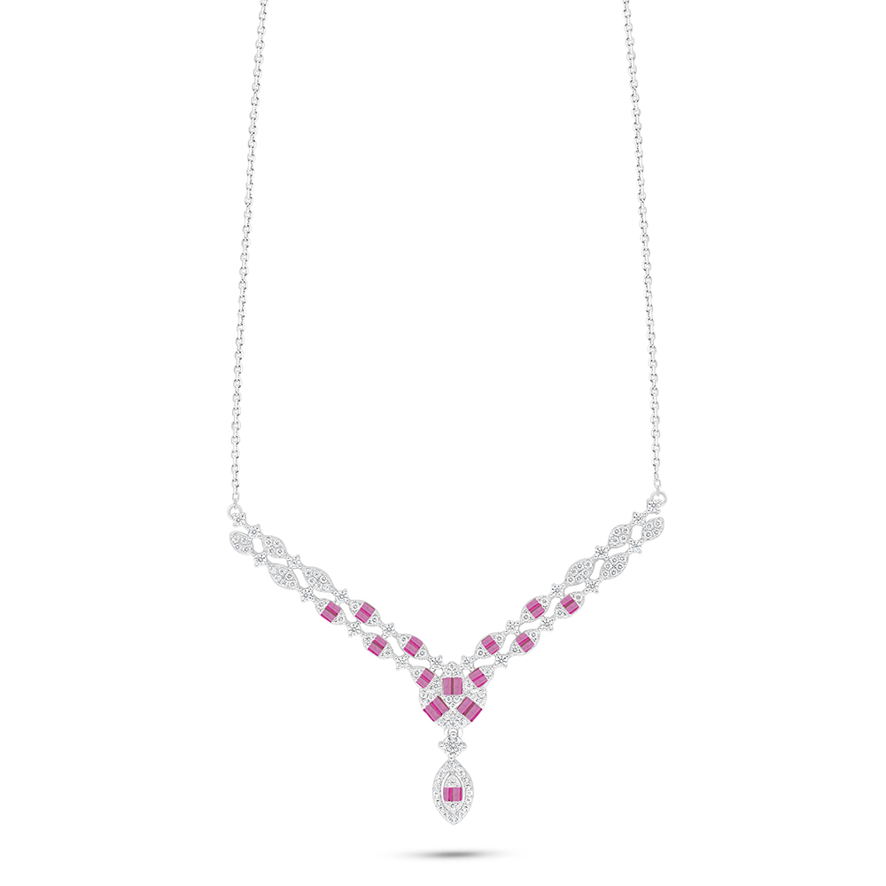 Sterling Silver 925 Necklace Rhodium Plated Embedded With Ruby Corundum And White Zircon