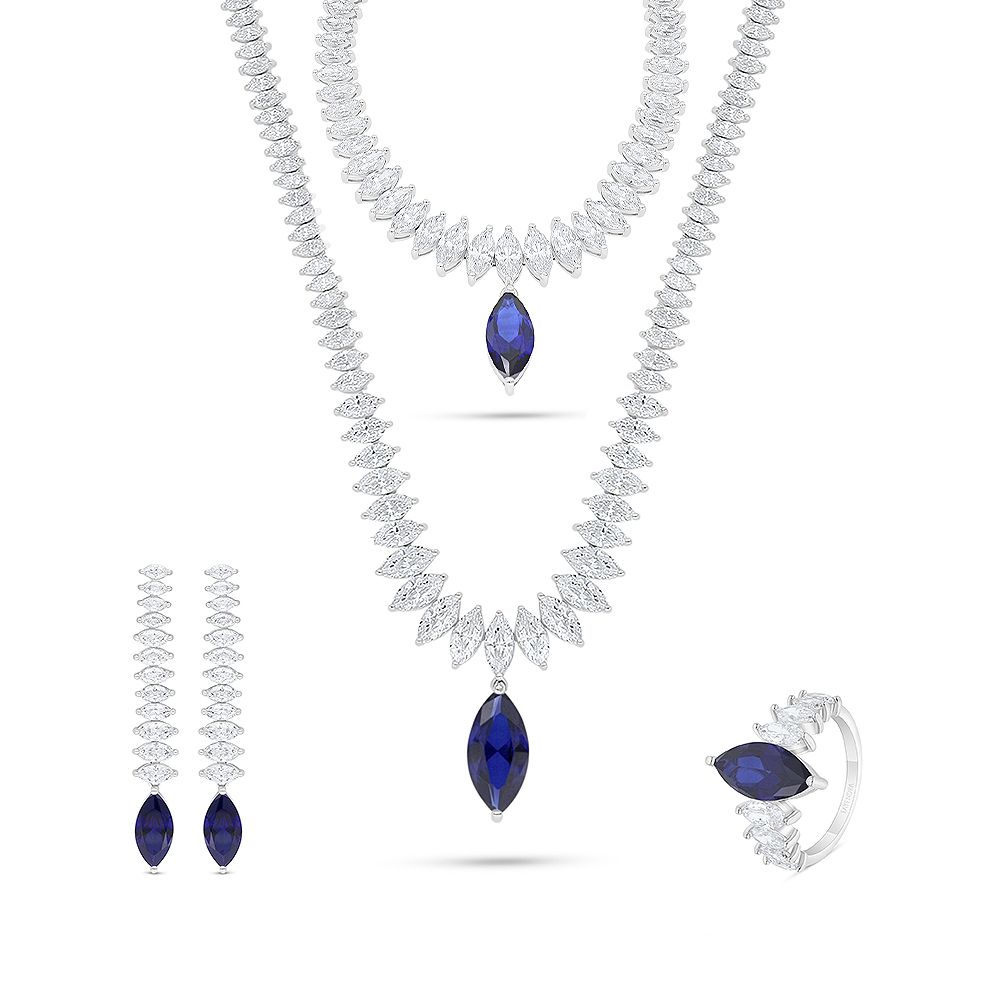 Sterling Silver 925 SET Rhodium Plated Embedded With Sapphire CorundumAnd White Zircon