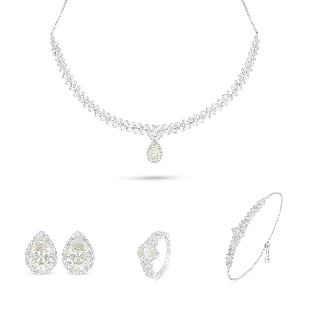 Sterling Silver 925 SET Rhodium Plated Embedded With Yellow Diamond And White Zircon