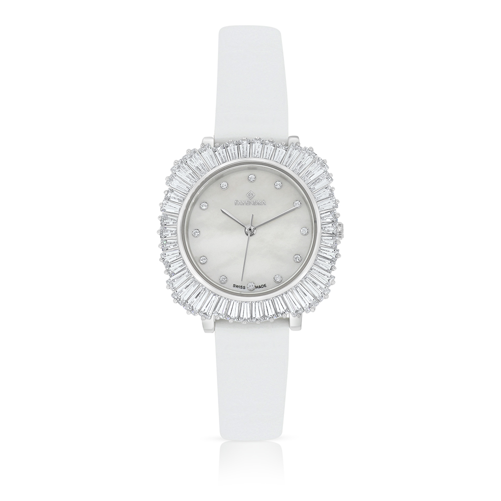 Stainless Steel 316 Watch Silver Plated And White Leather Embedded With White Zircon - MOP DIAL