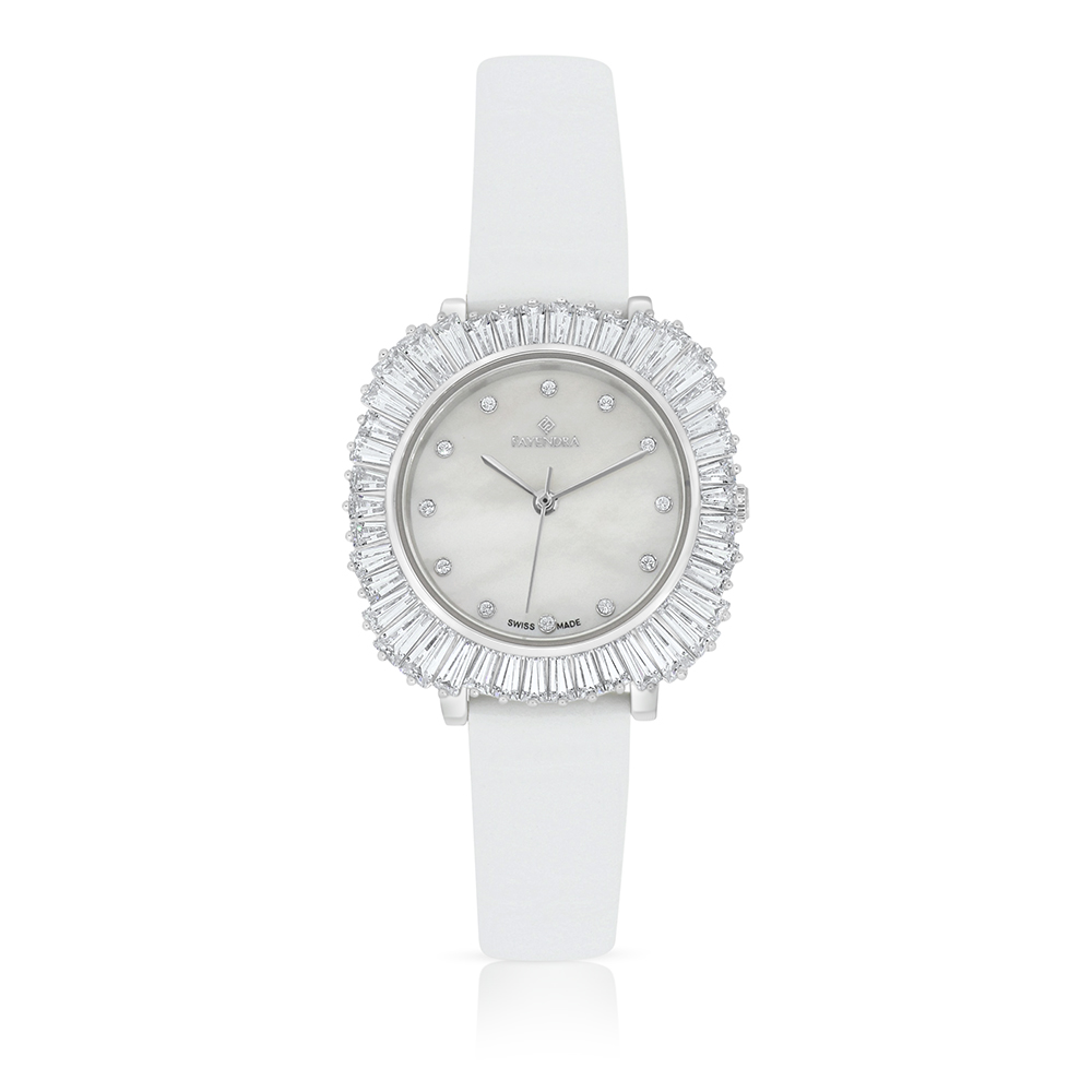 Stainless Steel 316 Watch Silver Plated And White Leather Embedded With White Zircon - MOP DIAL