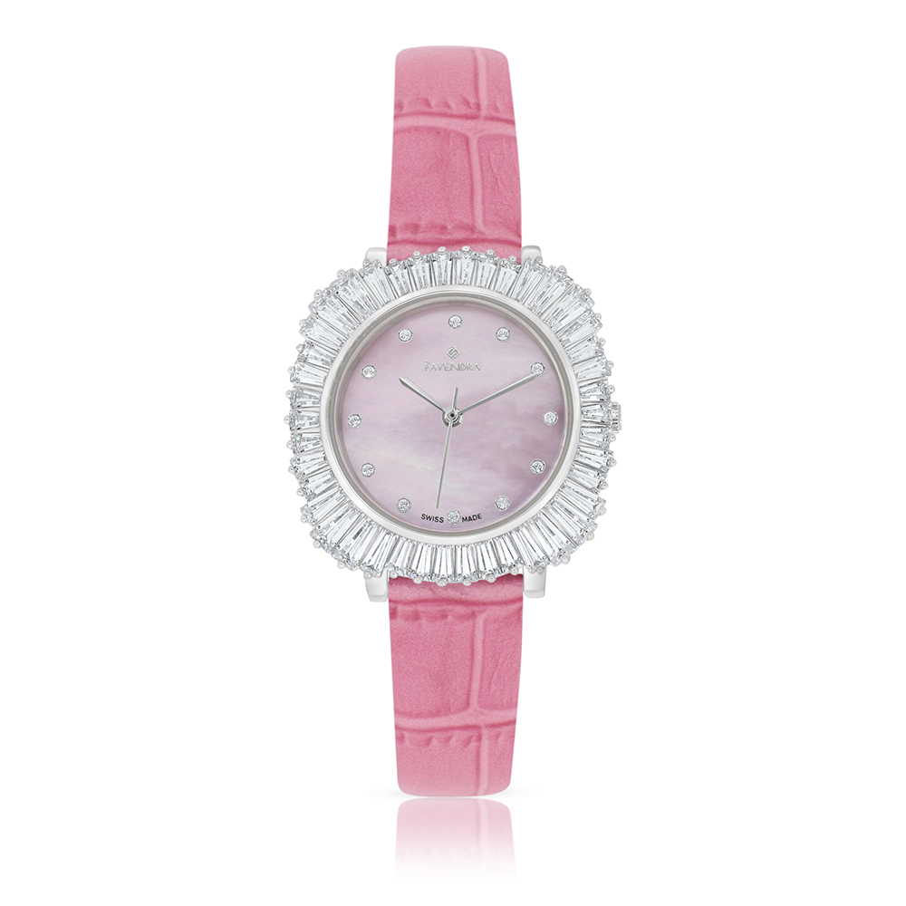 Stainless Steel 316 Watch Silver Plated And Pink Leather Embedded With White Zircon - Pink MOP DIAL