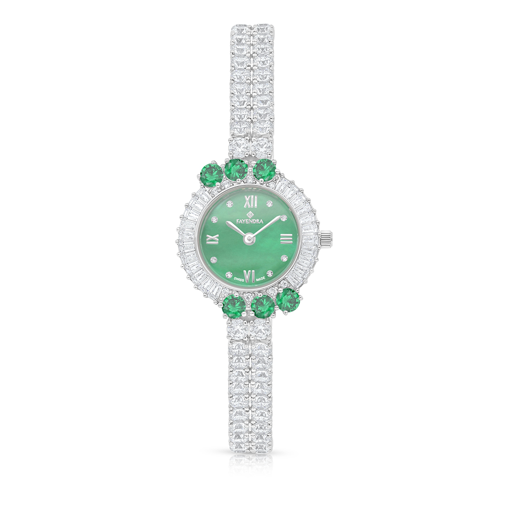 Stainless Steel 316 Watch Silver Plated Embedded With Emerald Zircon And White Zircon - GREEN MOP DIAL