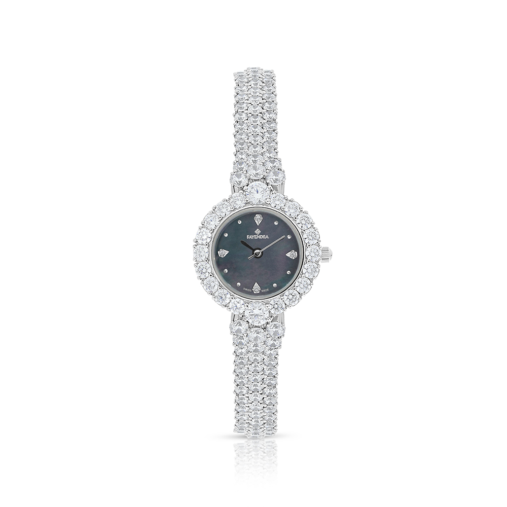 Stainless Steel 316 Watch Silver Plated Embedded With White Zircon - BLACK MOP DIAL