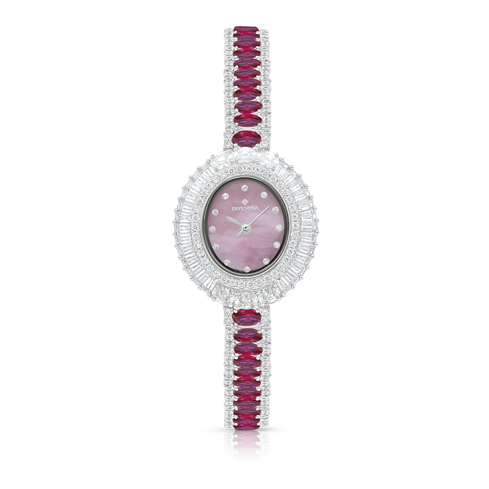 Stainless Steel 316 Watch Silver Plated Embedded With Ruby Corundum And White Zircon - Pink MOP DIAL