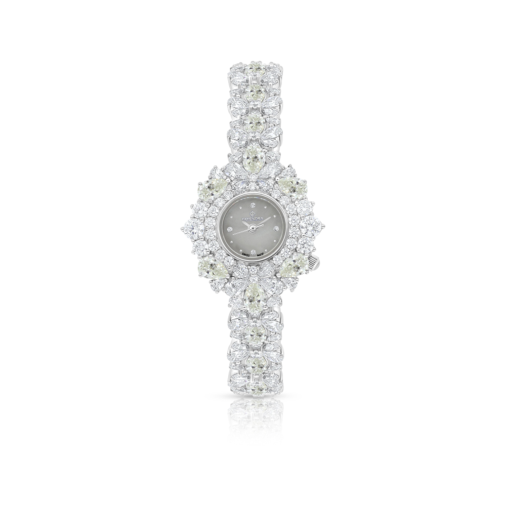 Stainless Steel 316 Watch Silver Plated Embedded With Yellow Diamond And White Zircon - MOP DIAL