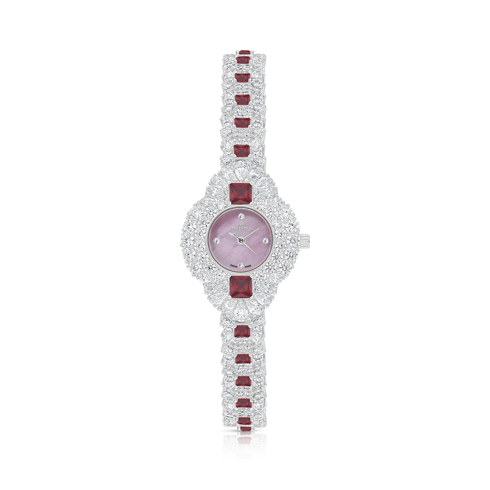 Stainless Steel 316 Watch Silver Plated Embedded With Ruby Corundum And White Zircon - Pink MOP DIAL