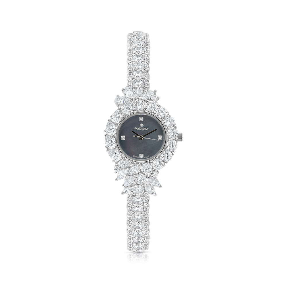 Stainless Steel 316 Watch Silver Plated Embedded With White Zircon - BLACK MOP DIAL