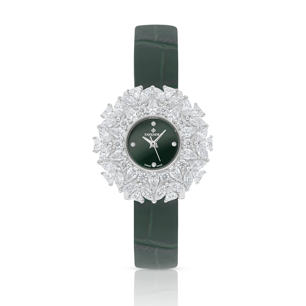 Stainless Steel 316 Watch Silver Plated And Green Leather Embedded With White Zircon - GREEN MOP DIAL