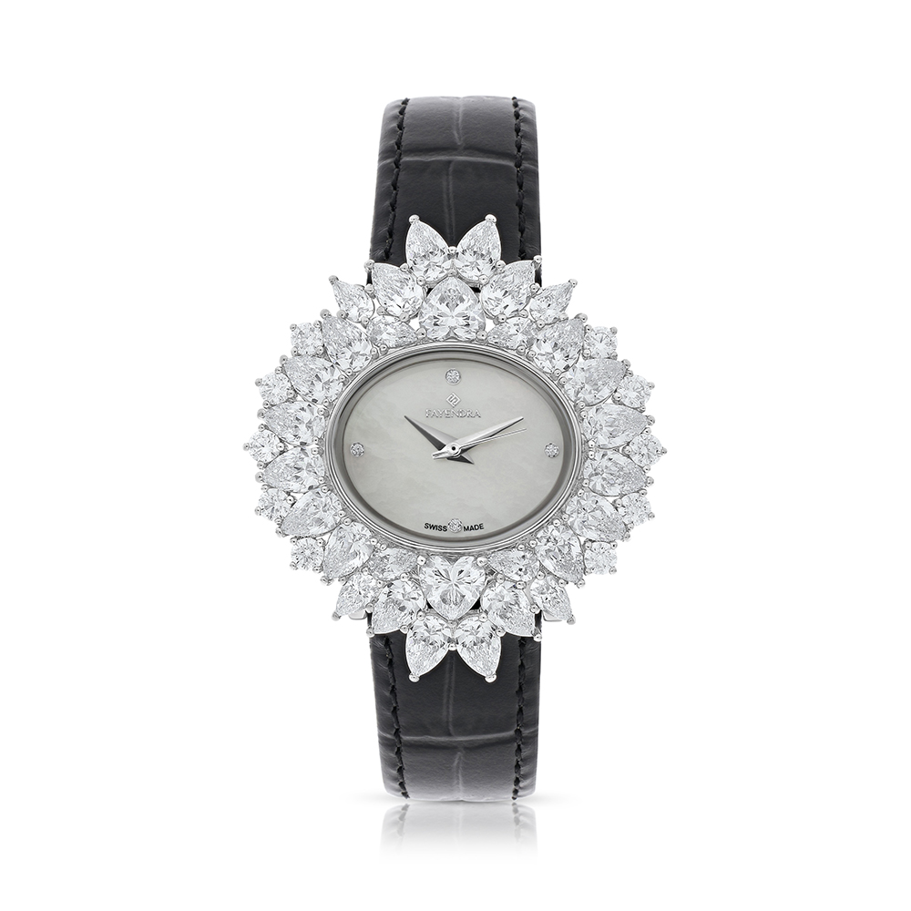 Stainless Steel 316 Watch Silver Plated And Black Leather Embedded With White Zircon - MOP DIAL