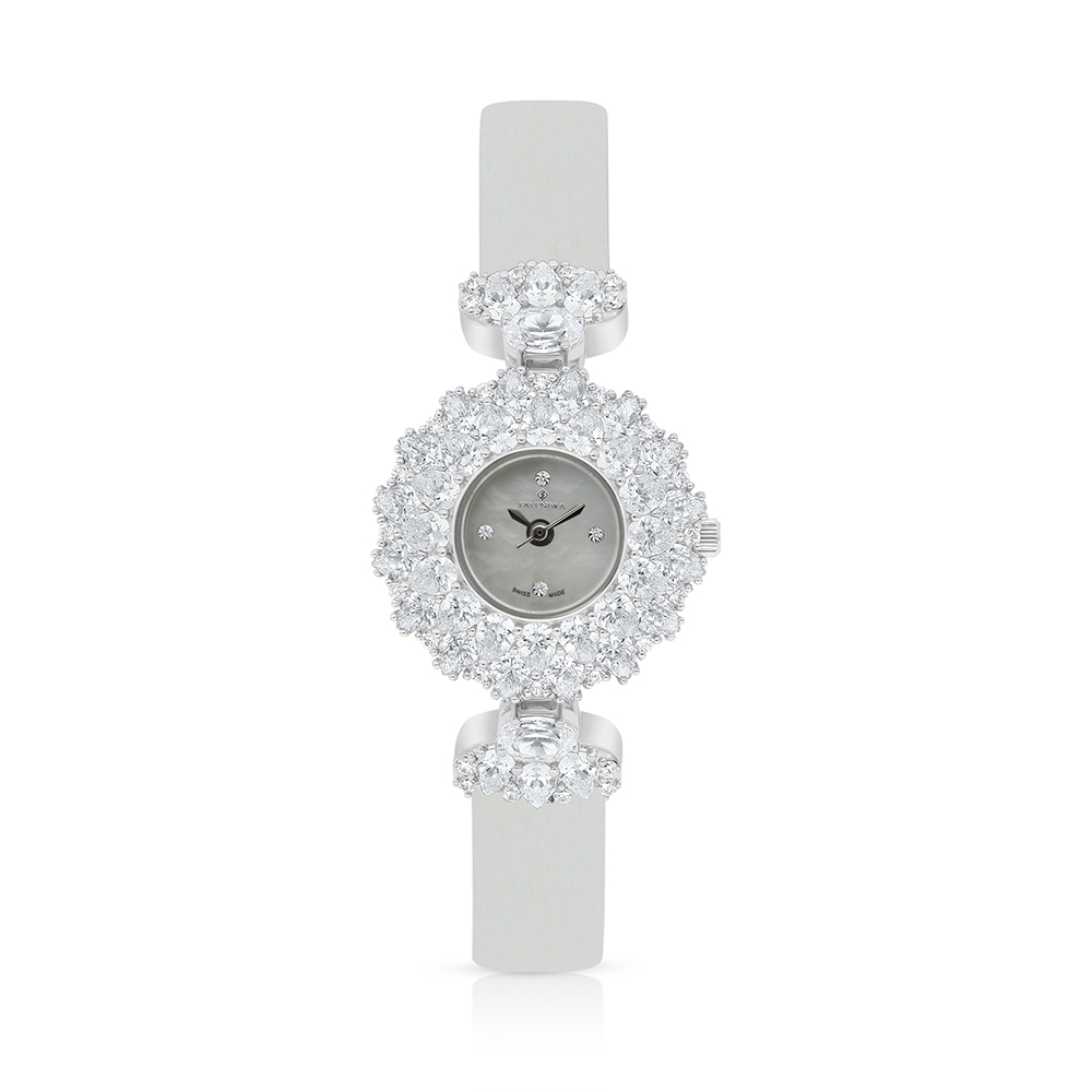 Stainless Steel 316 Watch Silver Plated And White Leather Embedded With White Zircon - MOP DIAL