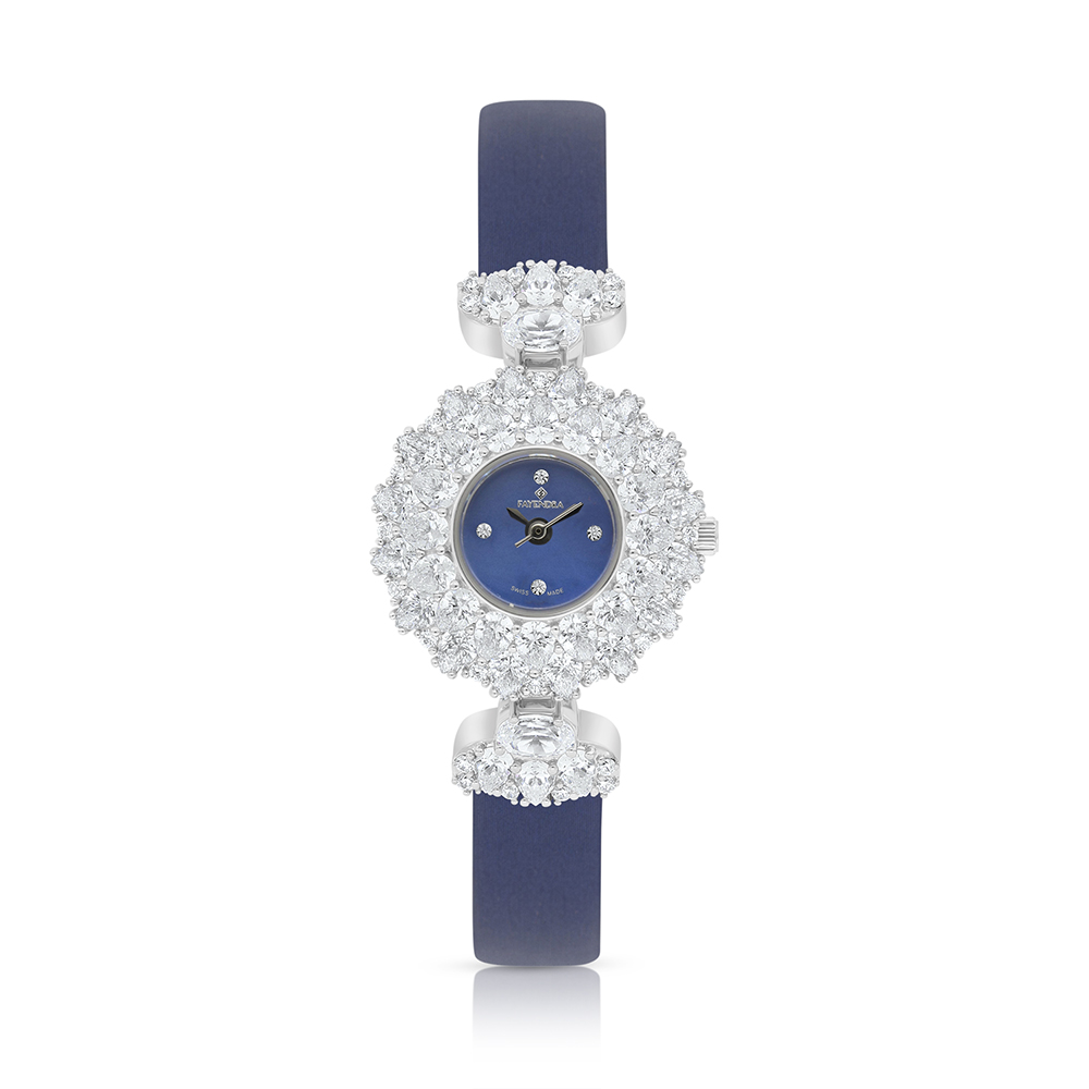 Stainless Steel 316 Watch Silver Plated And Blue Leather Embedded With White Zircon - BLUE MOP DIAL