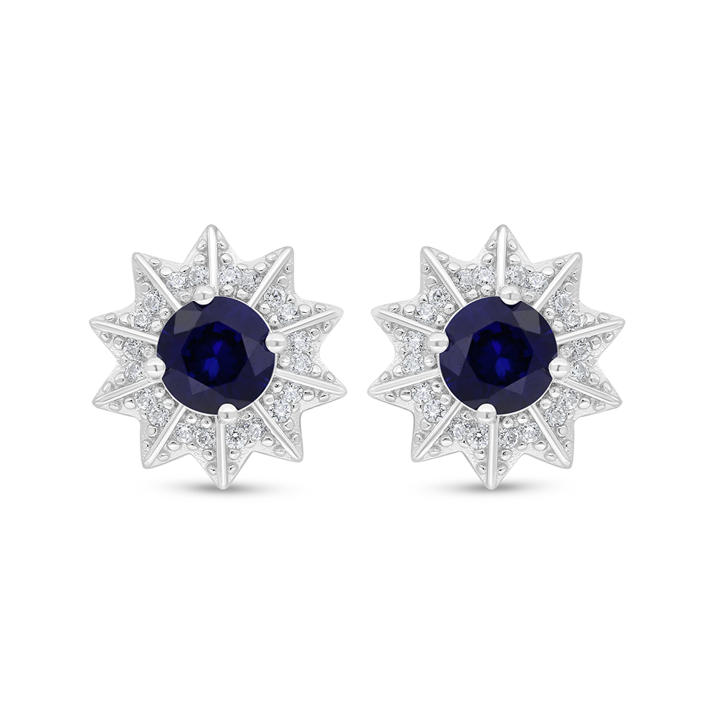 Sterling Silver 925 Earring Rhodium Plated Embedded With Sapphire Corundum And White Zircon