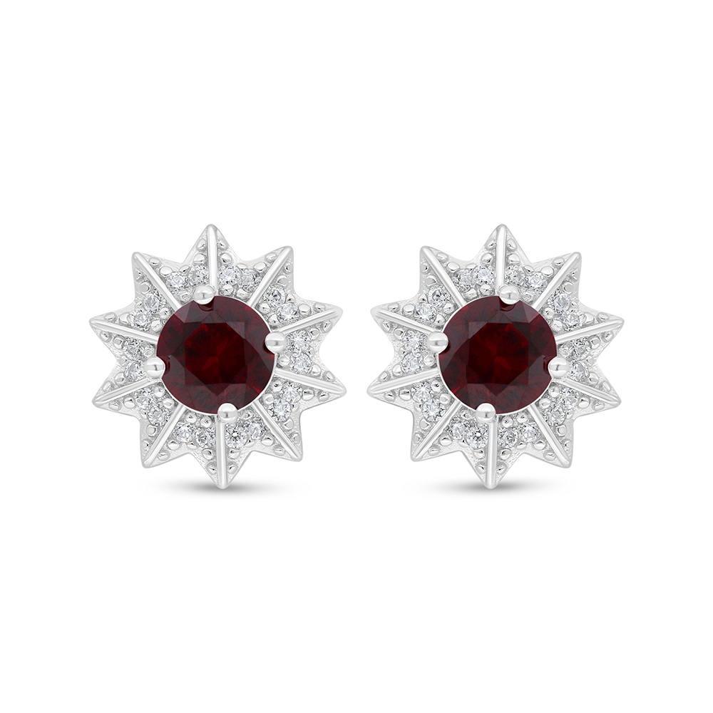 Sterling Silver 925 Earring Rhodium Plated Embedded With Ruby Corundum And White Zircon