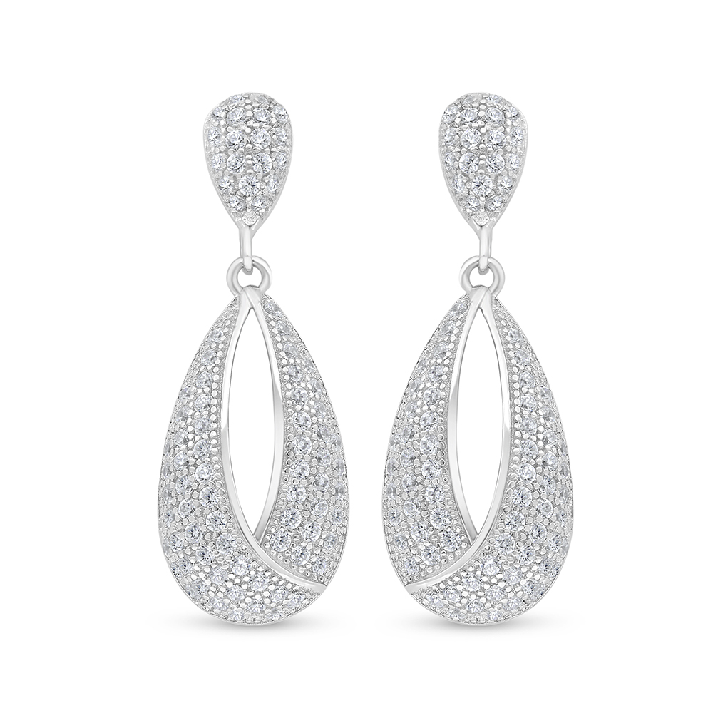Sterling Silver 925 Earring Rhodium Plated Embedded With White Zircon