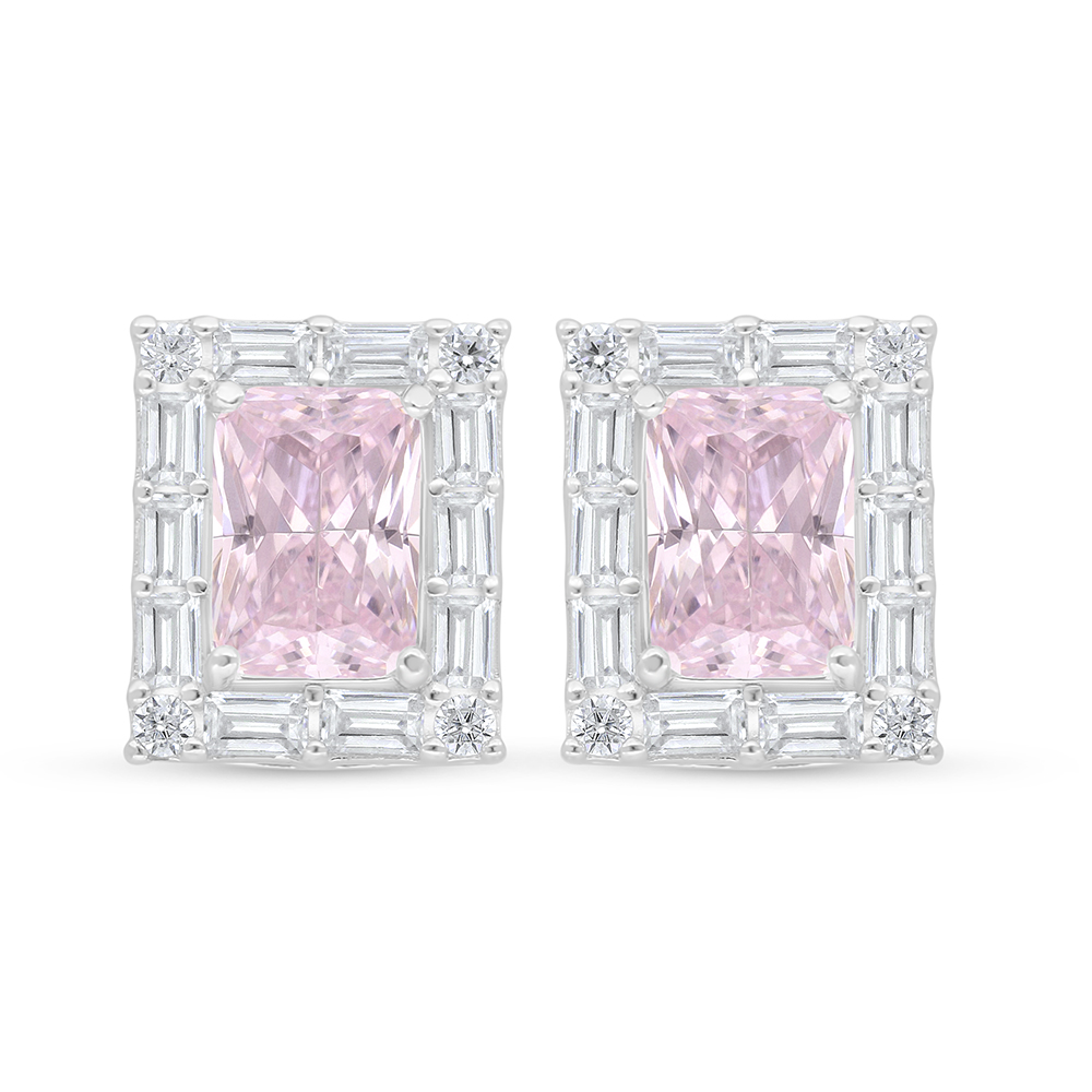 Sterling Silver 925 Earring Rhodium Plated Embedded With Pink Zircon And White Zircon