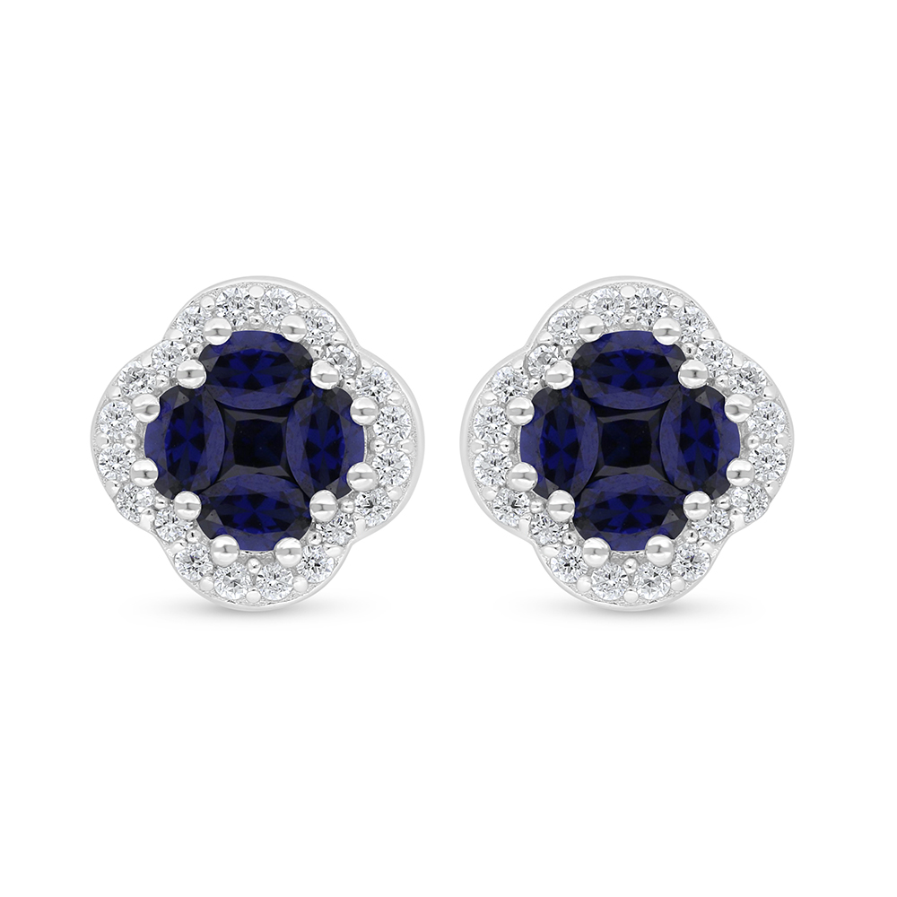 Sterling Silver 925 Earring Rhodium Plated Embedded With Sapphire Corundum And White Zircon