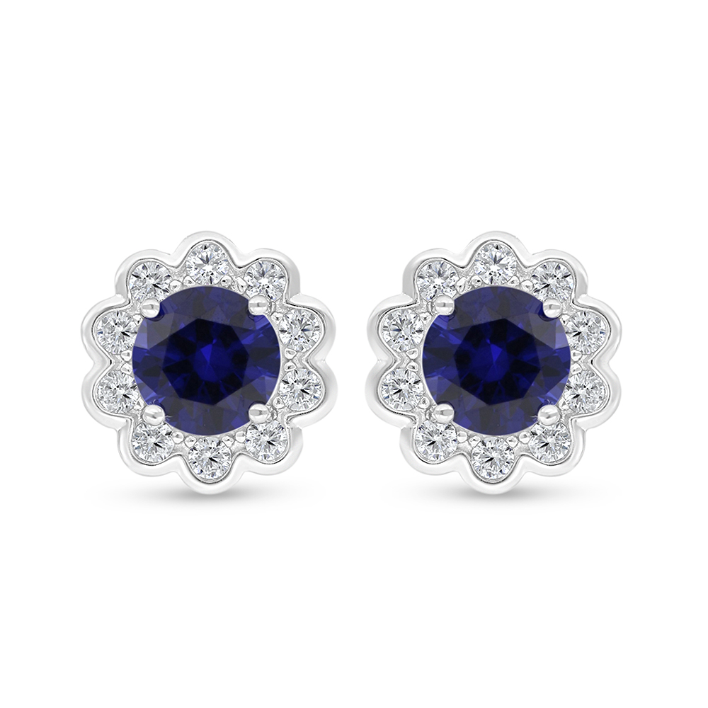 Sterling Silver 925 Earring Rhodium Plated Embedded With Sapphire Corundum And White Zircon