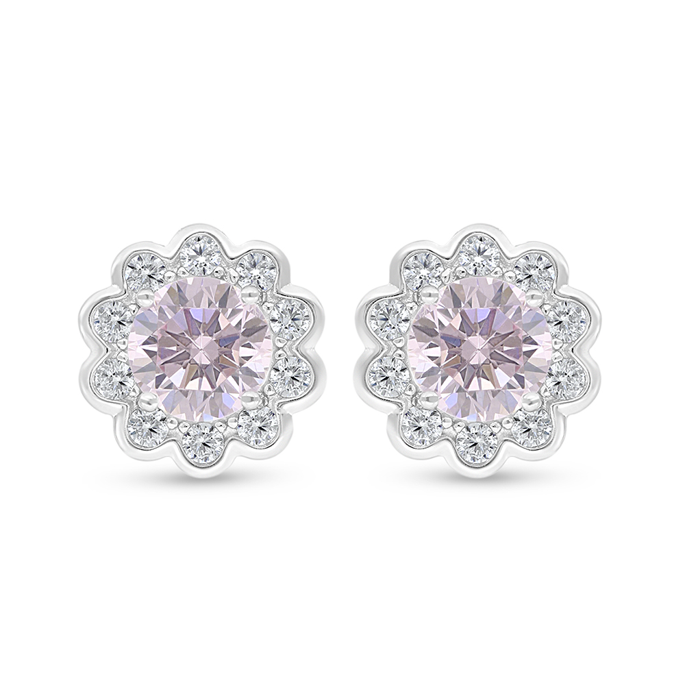 Sterling Silver 925 Earring Rhodium Plated Embedded With Pink Zircon And White Zircon