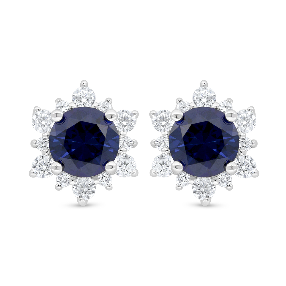 Sterling Silver 925 Earring Rhodium Plated Embedded With Sapphire Corundum And White Zircon