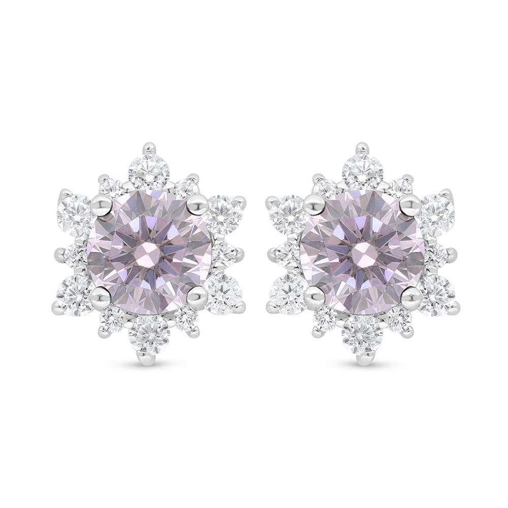 Sterling Silver 925 Earring Rhodium Plated Embedded With Pink Zircon And White Zircon