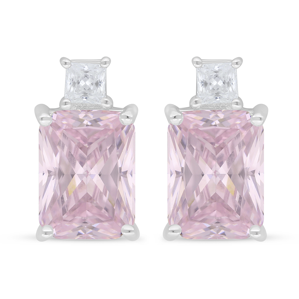 Sterling Silver 925 Earring Rhodium Plated Embedded With Pink Zircon And White Zircon