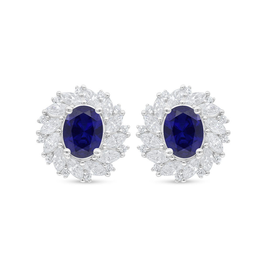 Sterling Silver 925 Earring Rhodium Plated Embedded With Sapphire Corundum And White Zircon