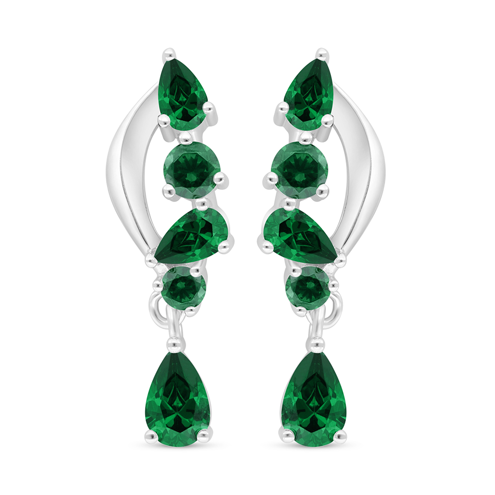 Sterling Silver 925 Earring Rhodium Plated Embedded With Emerald Zircon 