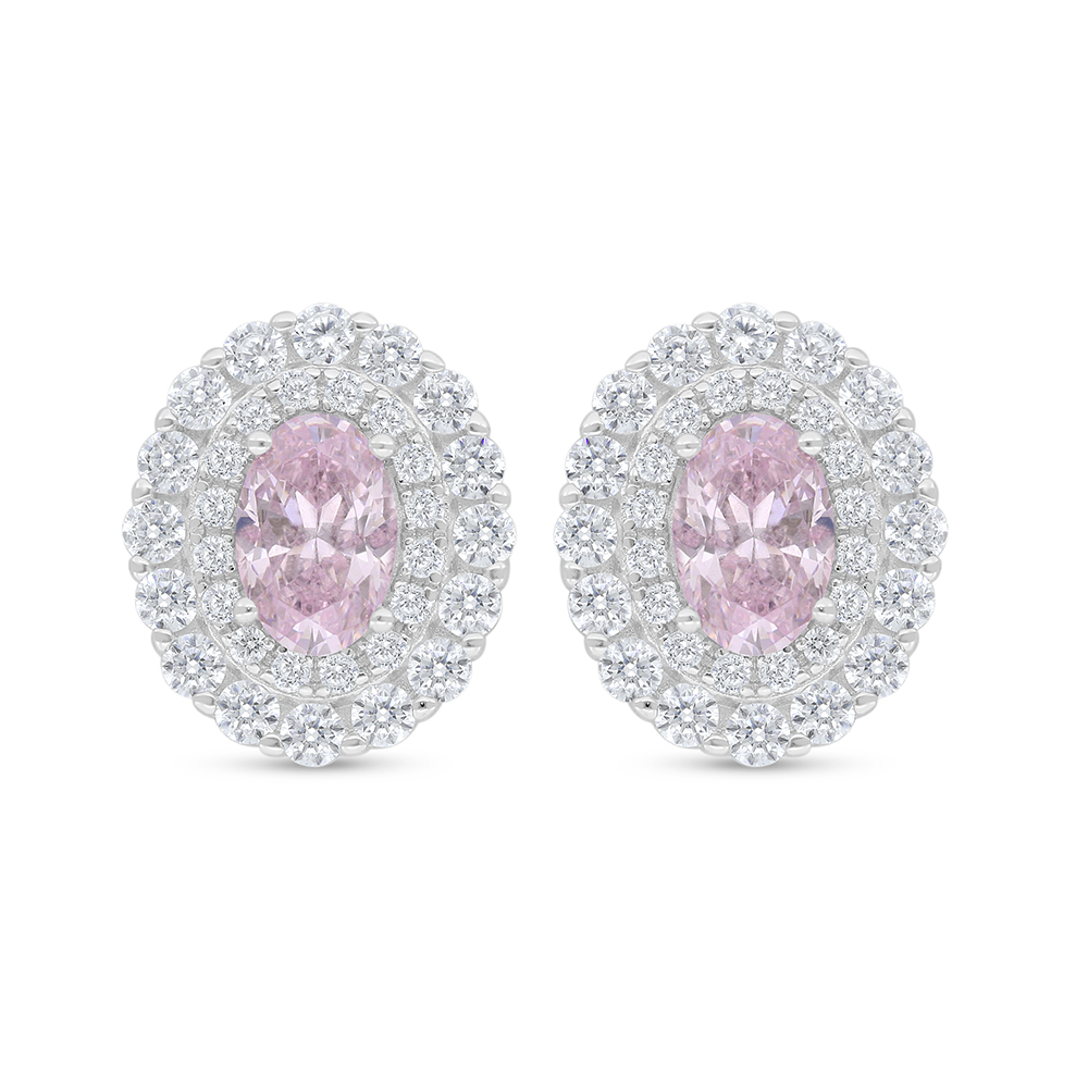 Sterling Silver 925 Earring Rhodium Plated Embedded With Pink Zircon And White Zircon