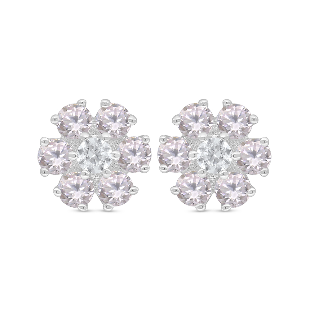 Sterling Silver 925 Earring Rhodium Plated Embedded With Pink Zircon 