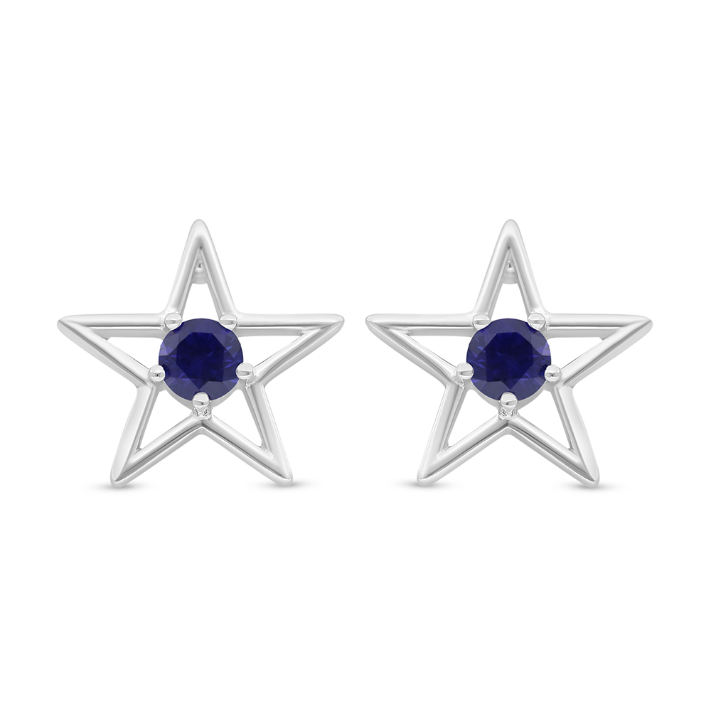 Sterling Silver 925 Earring Rhodium Plated Embedded With Sapphire Corundum And White Zircon