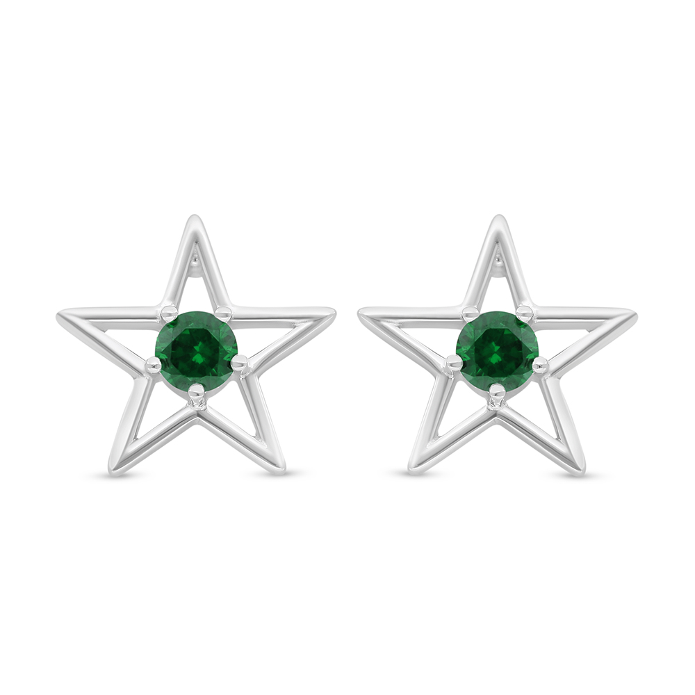 Sterling Silver 925 Earring Rhodium Plated Embedded With Emerald Zircon And White Zircon