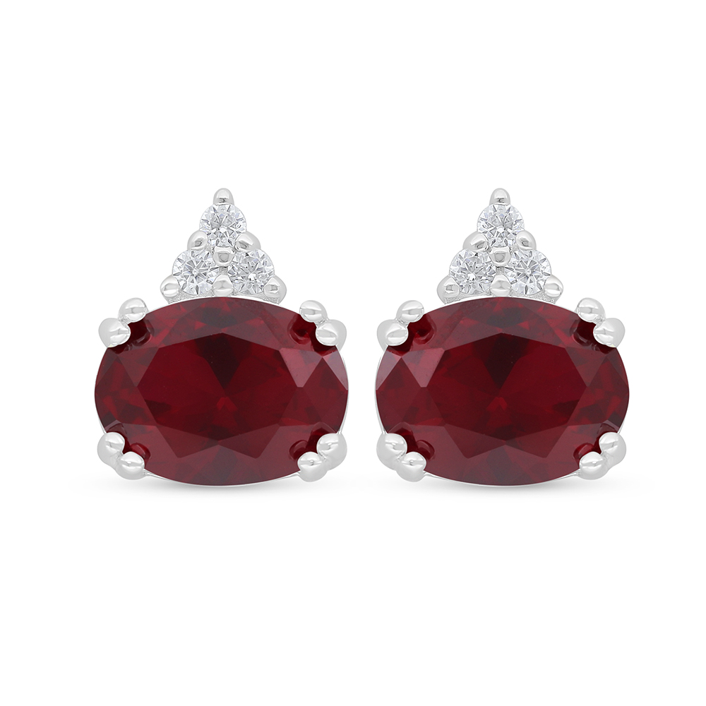 Sterling Silver 925 Earring Rhodium Plated Embedded With Ruby Corundum And White Zircon