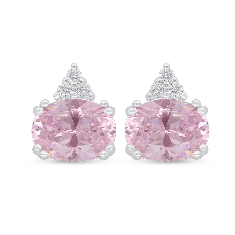 Sterling Silver 925 Earring Rhodium Plated Embedded With Pink Zircon And White Zircon