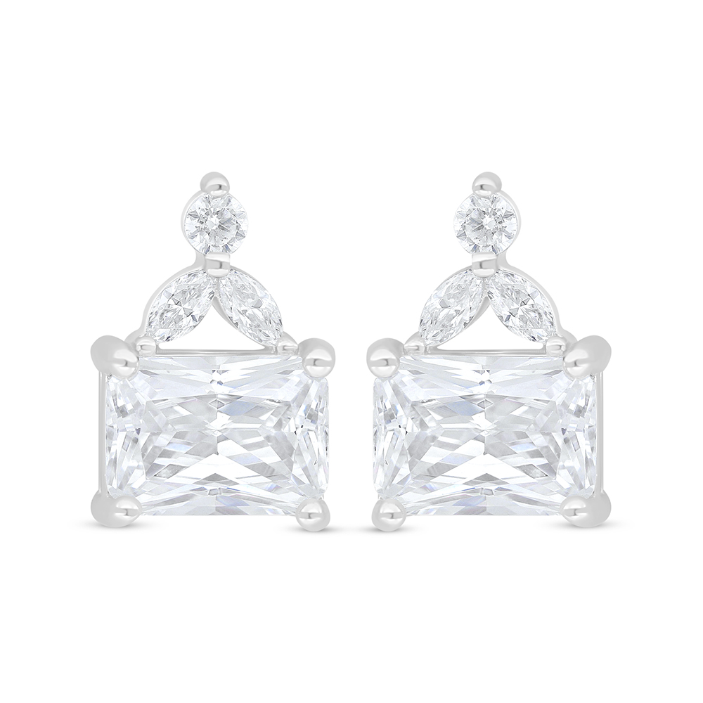 Sterling Silver 925 Earring Rhodium Plated Embedded With White Zircon
