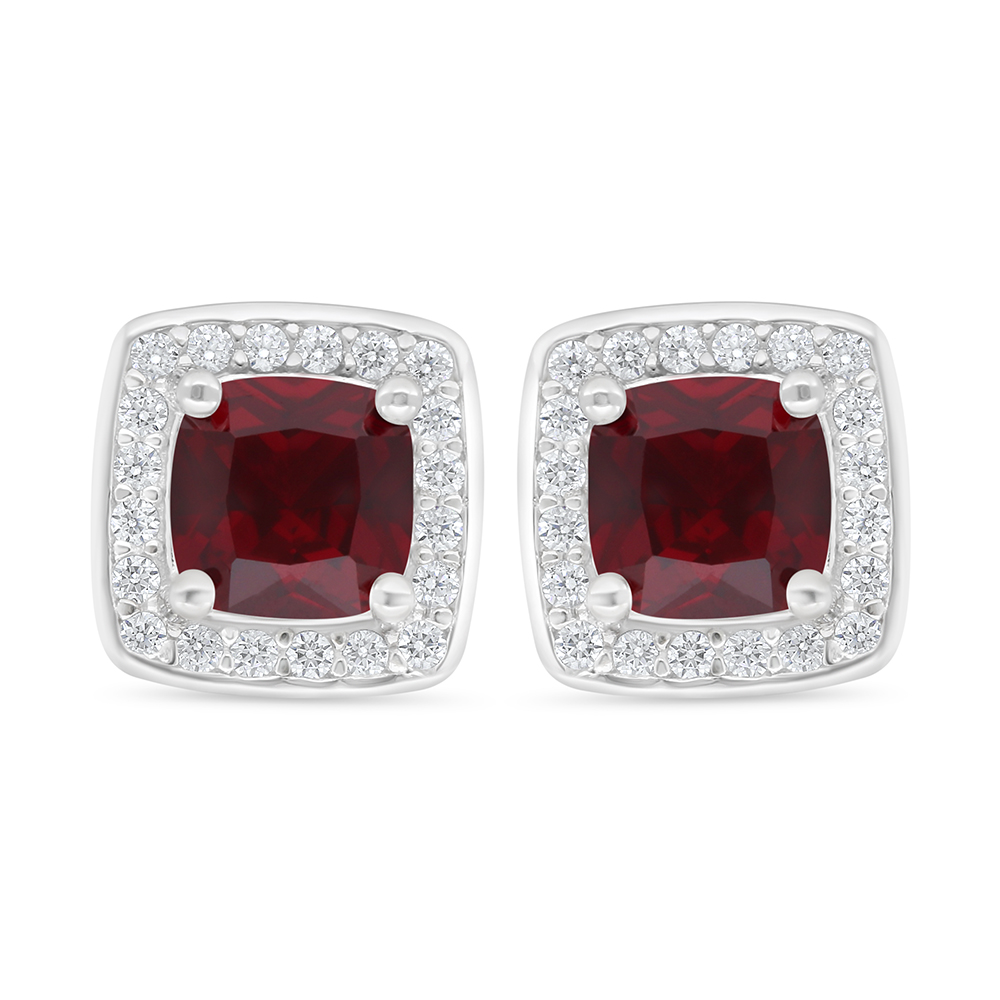 Sterling Silver 925 Earring Rhodium Plated Embedded With Ruby Corundum And White Zircon