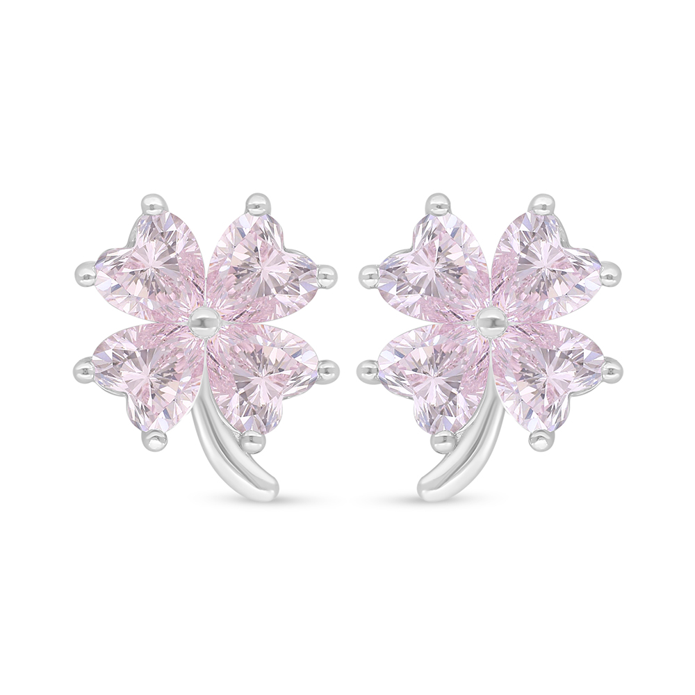 Sterling Silver 925 Earring Rhodium Plated Embedded With Pink Zircon 