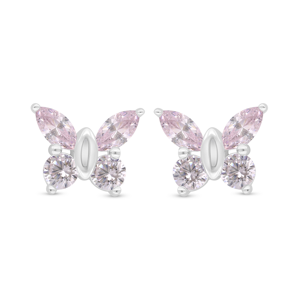 Sterling Silver 925 Earring Rhodium Plated Embedded With Pink Zircon And White Zircon