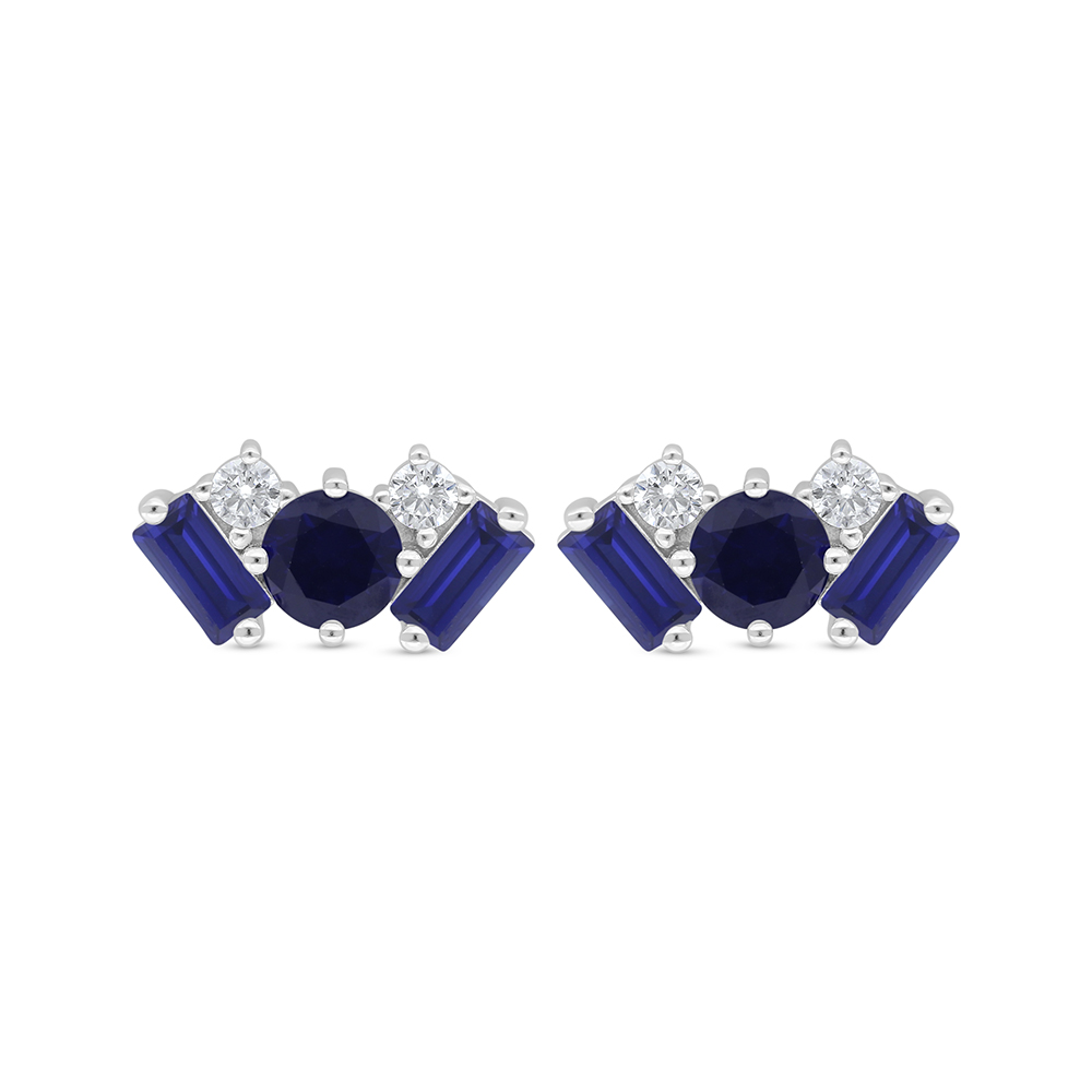 Sterling Silver 925 Earring Rhodium Plated Embedded With Sapphire Corundum And White Zircon