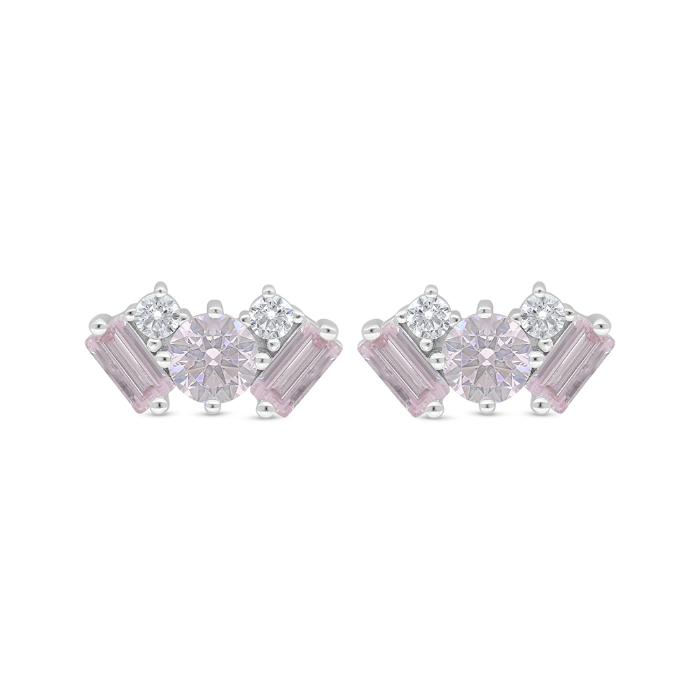 Sterling Silver 925 Earring Rhodium Plated Embedded With Pink Zircon And White Zircon
