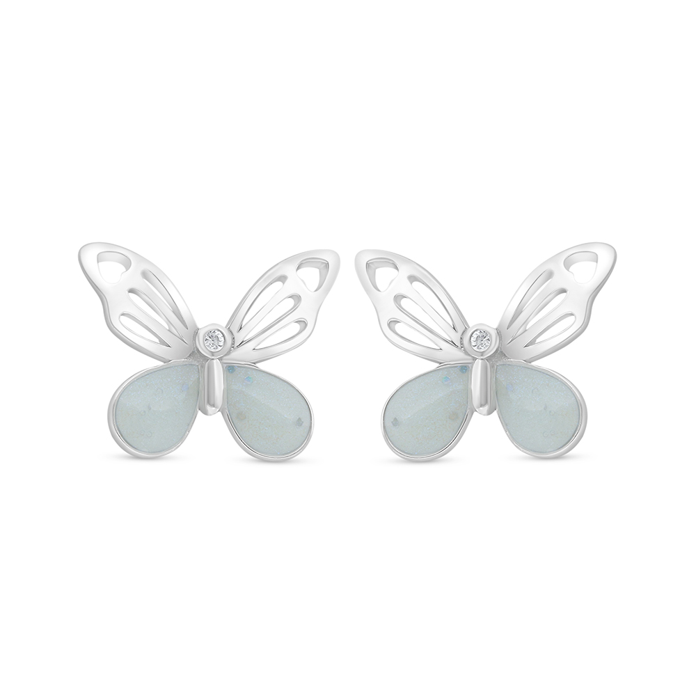 Sterling Silver 925 Earring Rhodium Plated Embedded With White Shell And White Zircon