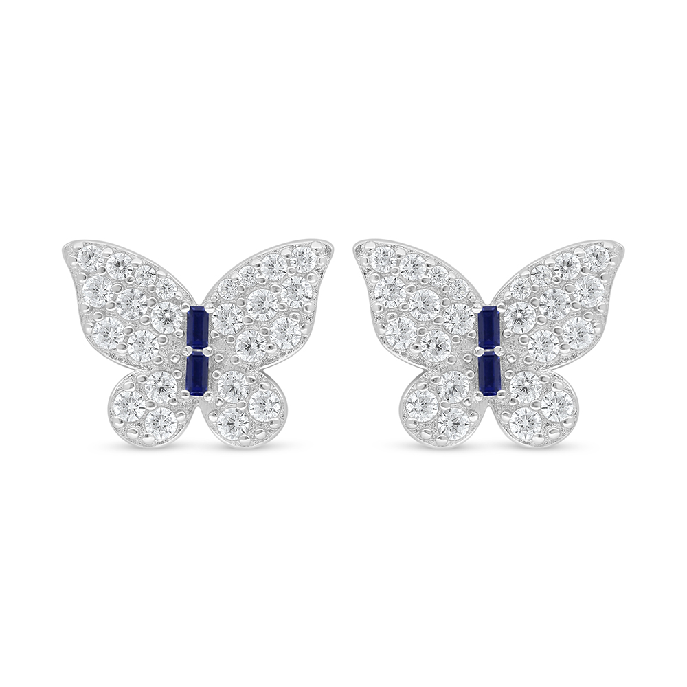 Sterling Silver 925 Earring Rhodium Plated Embedded With Sapphire Corundum And White Zircon