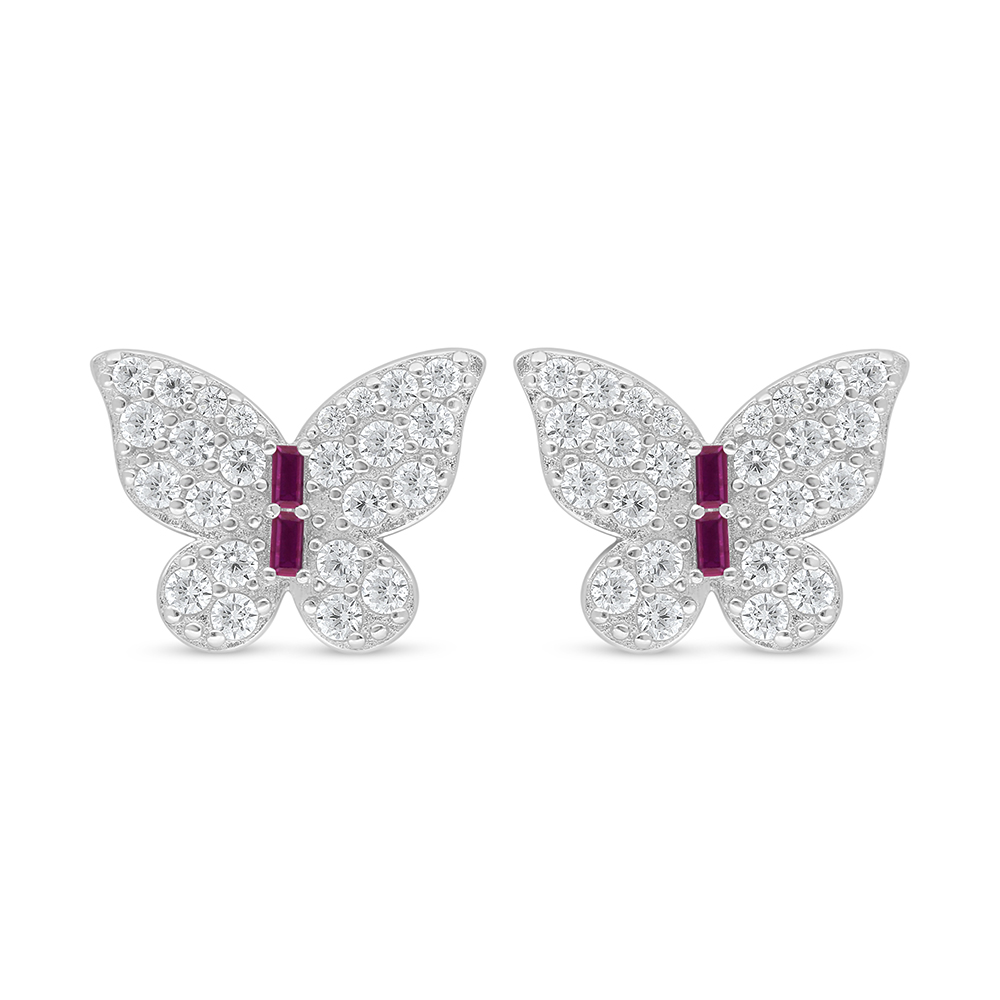 Sterling Silver 925 Earring Rhodium Plated Embedded With Ruby Corundum And White Zircon