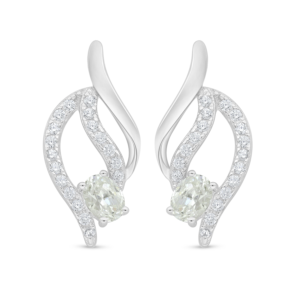 Sterling Silver 925 Earring Rhodium Plated Embedded With Yellow Diamond And White Zircon