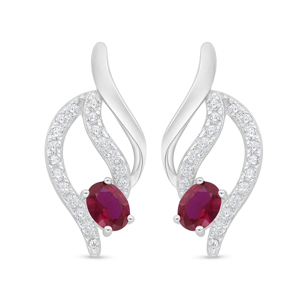 Sterling Silver 925 Earring Rhodium Plated Embedded With Ruby Corundum And White Zircon