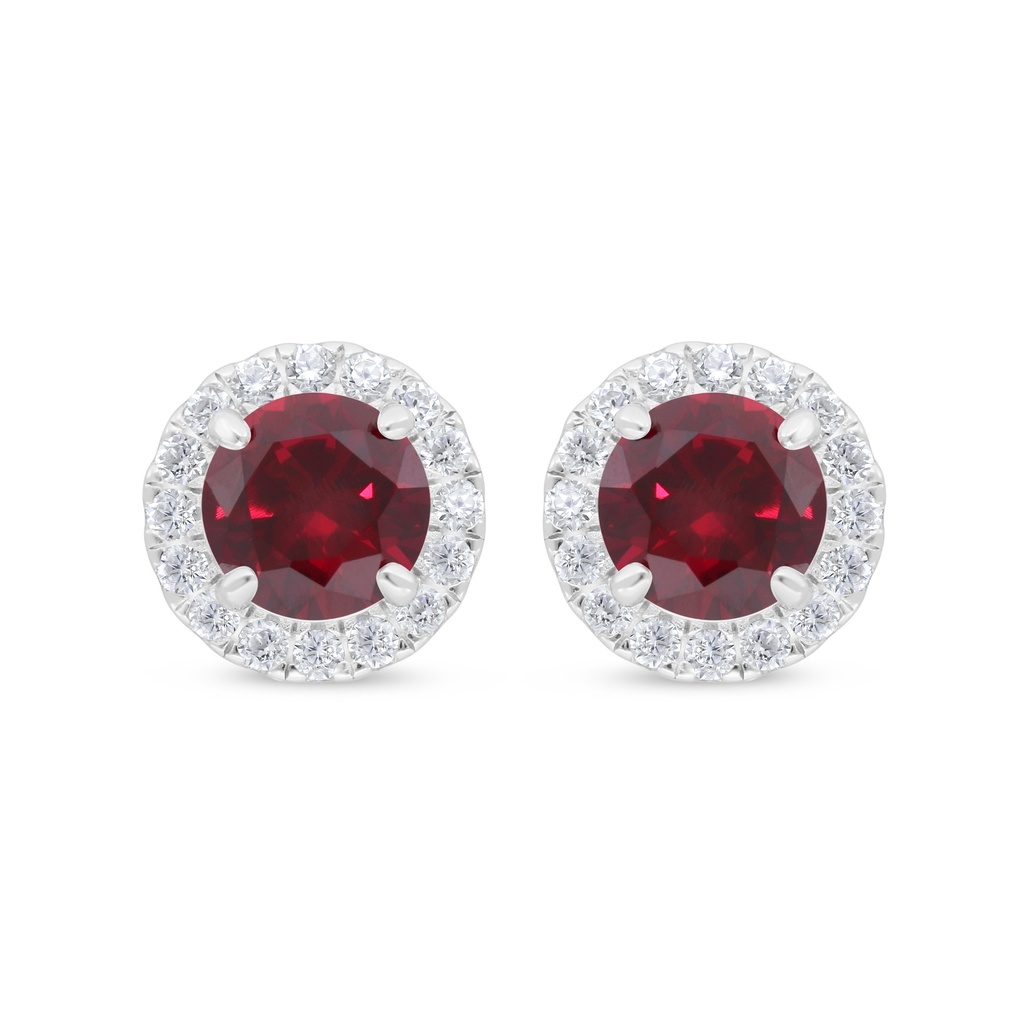 Sterling Silver 925 Earring Rhodium Plated Embedded With Ruby Corundum And White Zircon