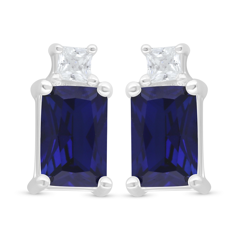Sterling Silver 925 Earring Rhodium Plated Embedded With Sapphire Corundum And White Zircon