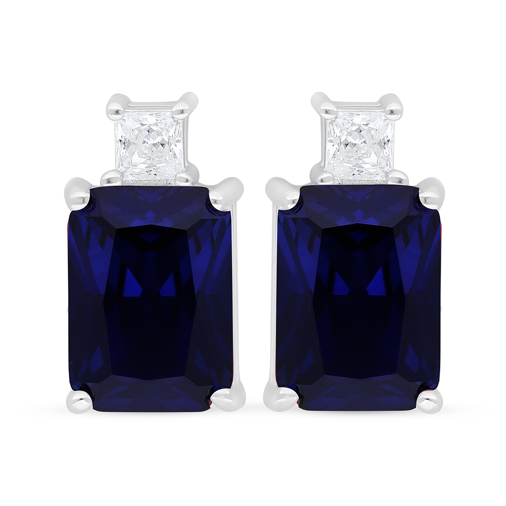 Sterling Silver 925 Earring Rhodium Plated Embedded With Sapphire Corundum And White Zircon